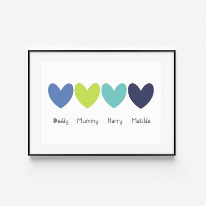 Personalised Hearts Family Print in Blue