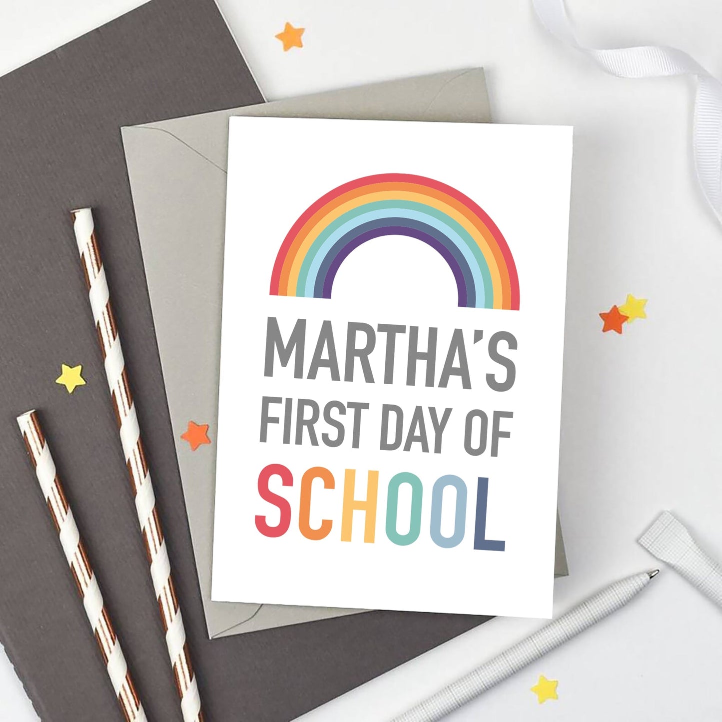 Personalised Rainbow First Day of School Card