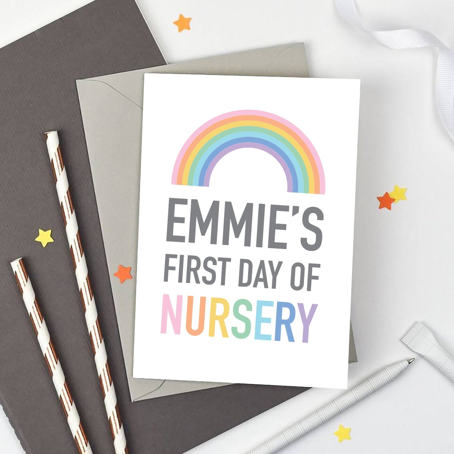 Personalised Rainbow First Day of Reception Card