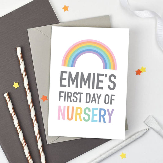 Personalised Rainbow First Day of Nursery Card