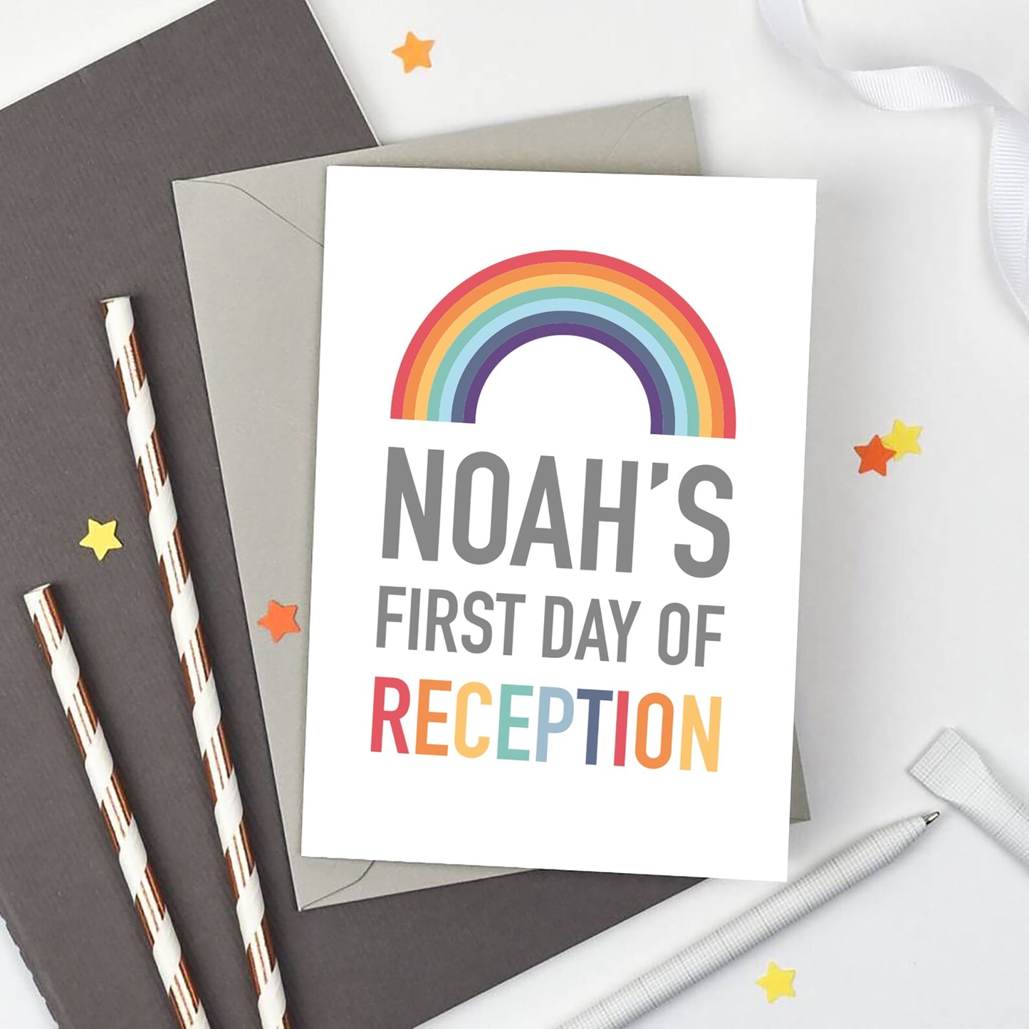 Personalised Rainbow First Day of Reception Card