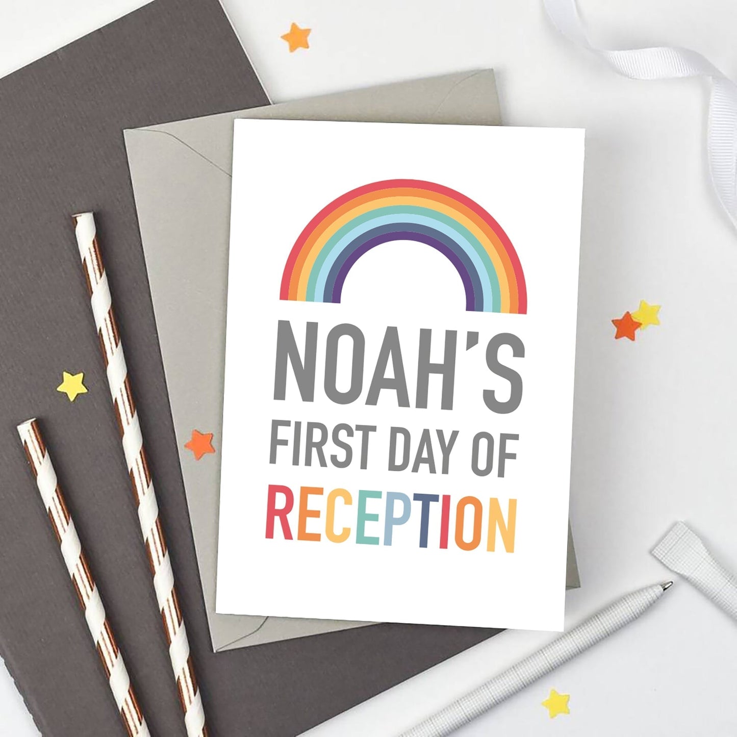 Personalised Rainbow First Day of Nursery Card